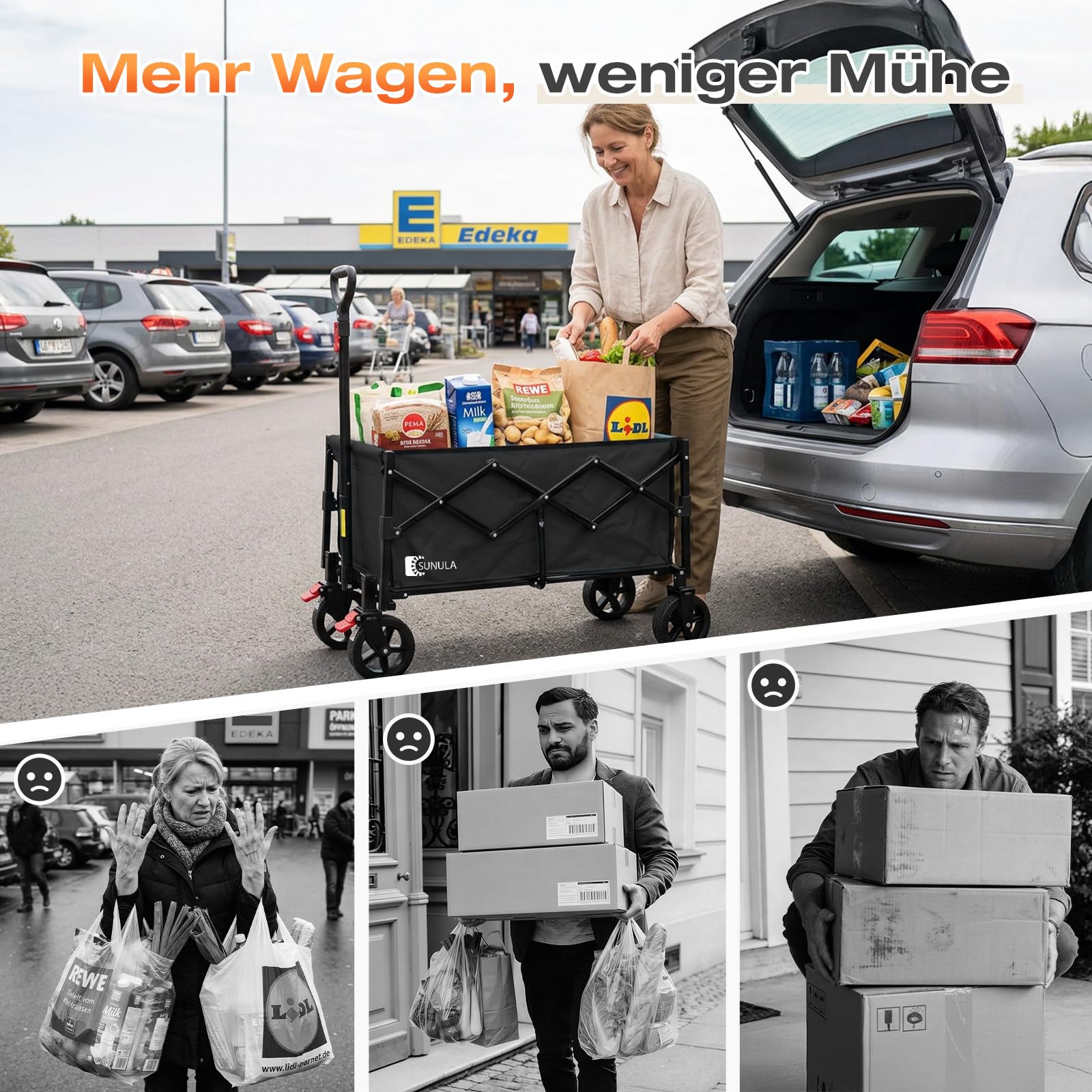 SUNULA Bollerwagen Faltbar Klein 80L 100KG, Faltbarer Bollerwagen Klappbarer Handwagen mit Halbiertem Eigengewicht, Faltbollerwagen Geländegängig mit Bremsen, Schwarz 2