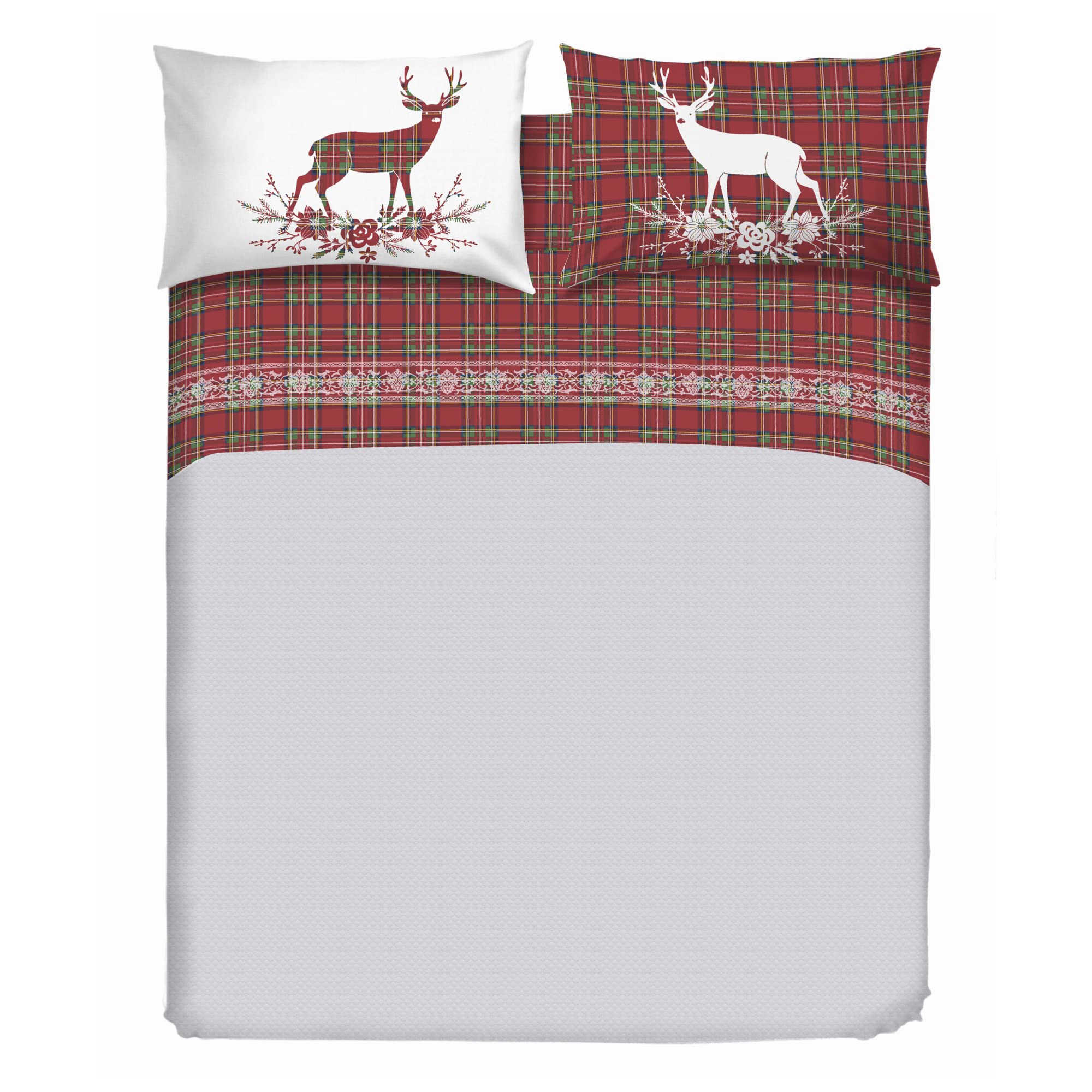 DELICATI Double Bed Linen, 100% Cotton, 180 x 200 cm, Bottom Sheet, Top Sheet, 2 Pillowcases, Made in Italy, Red Deer Tartan — image 1