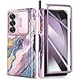 GVIEWIN for Samsung Galaxy Z Fold 6 Case with S Pen Holder, [Slide Camera Cover & Screen Protector], Rugged Hinge Protection Shockproof Marble Phone Case for Z Fold 6 (Dreamland River/Purple)