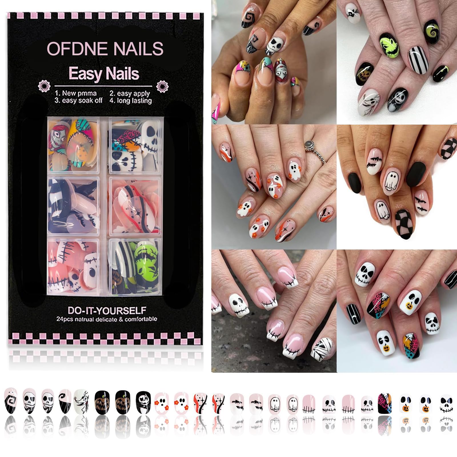 Photo 1 of 144 Pcs Halloween Press on Nails Kit 6 Styles Fake Nails False Nails with Designs Ghost Bat Skeleton Nightmare Nails Christmas Full Cover Colorful Stick on Nail for Women Girls