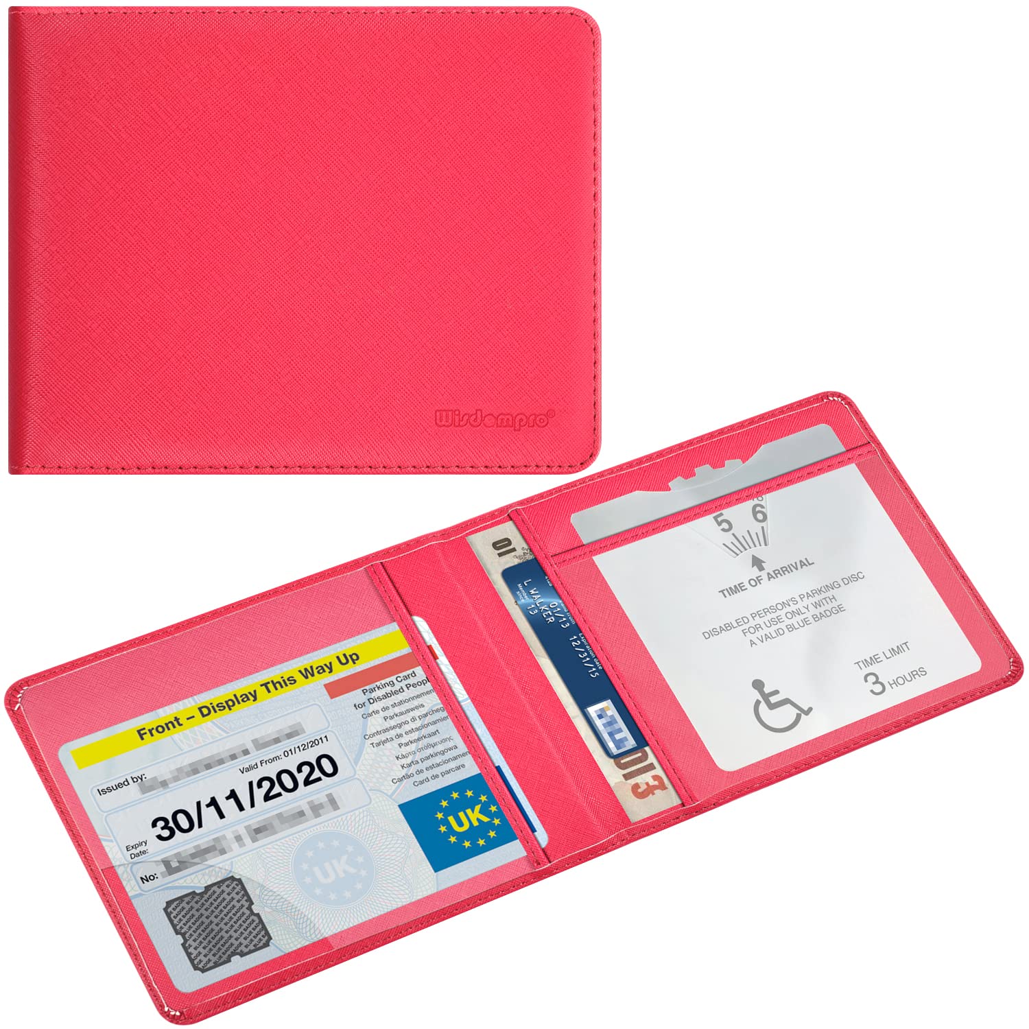 Wisdompro PU Leather Disabled Blue Badge and Timer Holder Wallet Protector Disability Parking Permit Discreet Cover Hologram Safe - Hot Pink, 7.1x5.7 inch