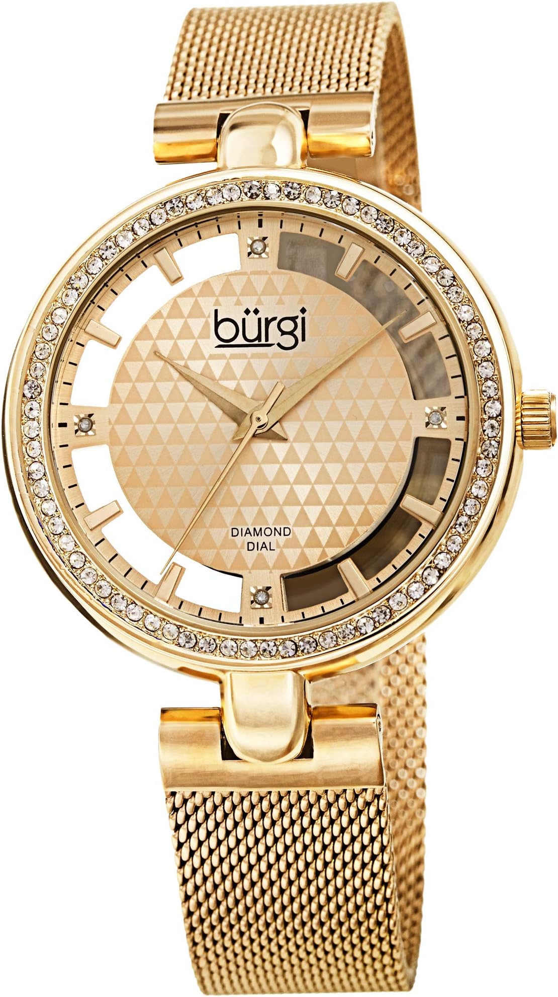 Sparkling Colored Crystals Women's Watch - Floating Dial On Shimmering Triangle Pattern 4 Genuine Diamond Markers On Stainless Steel Mesh Band -BUR262 (Yellow Gold)