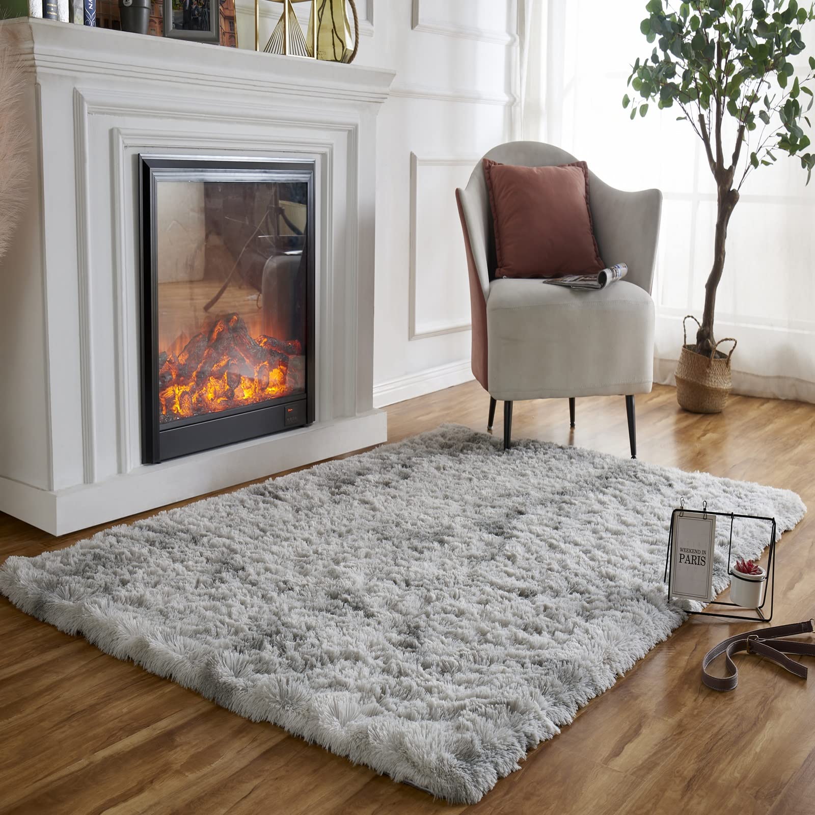 Obundi Grey Tie-Dye Fluffy Small Rug,Soft Warm Childrens Room,Bedroom Bedside Carpet Durable Use Washable Rug (Light Grey,80×120 cm)