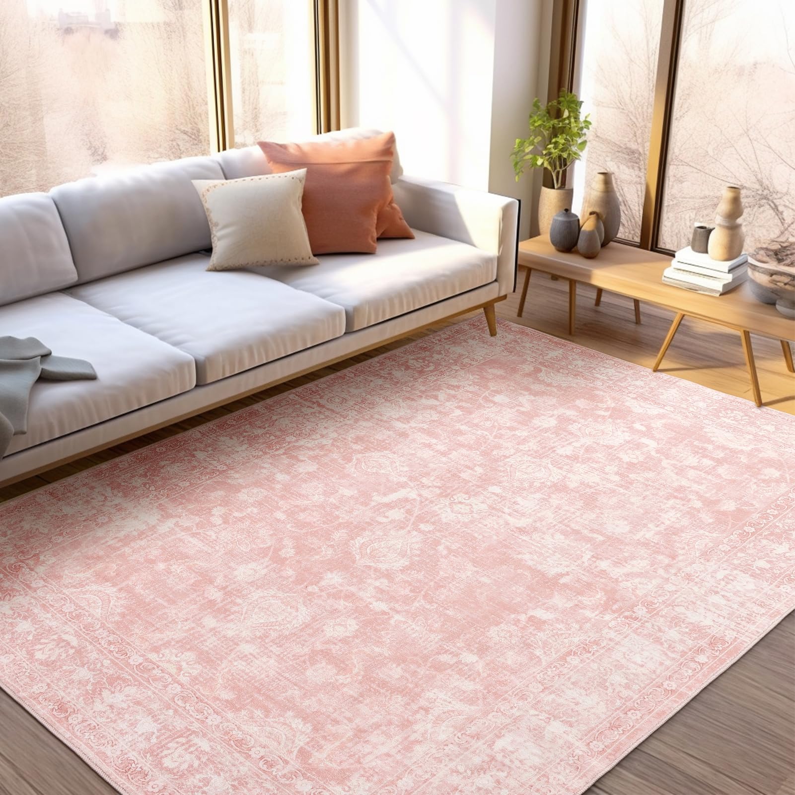 Photo 1 of *********READ CLERK NOTES**********  
FROZZUR Boho Pink Area Rug 5x7 – Soft Washable Vintage Rug with Non-Slip Backing for Living Room, Bedroom & Nursery, Cozy Home Decor