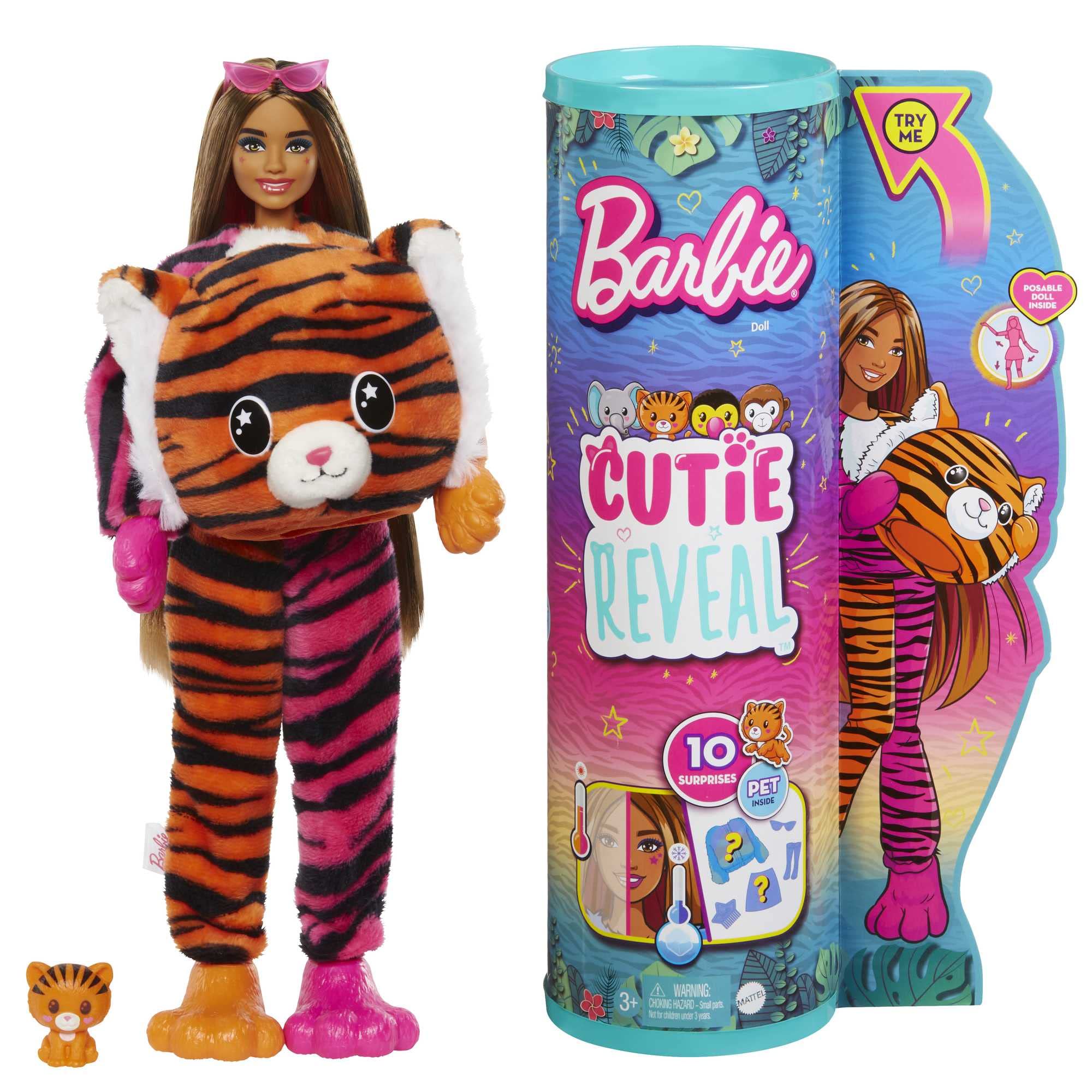 Barbie Dolls and Accessories, Cutie Reveal Doll with Tiger Plush Costume & 10 Surprises Including Color Change, Jungle Series, HKP99