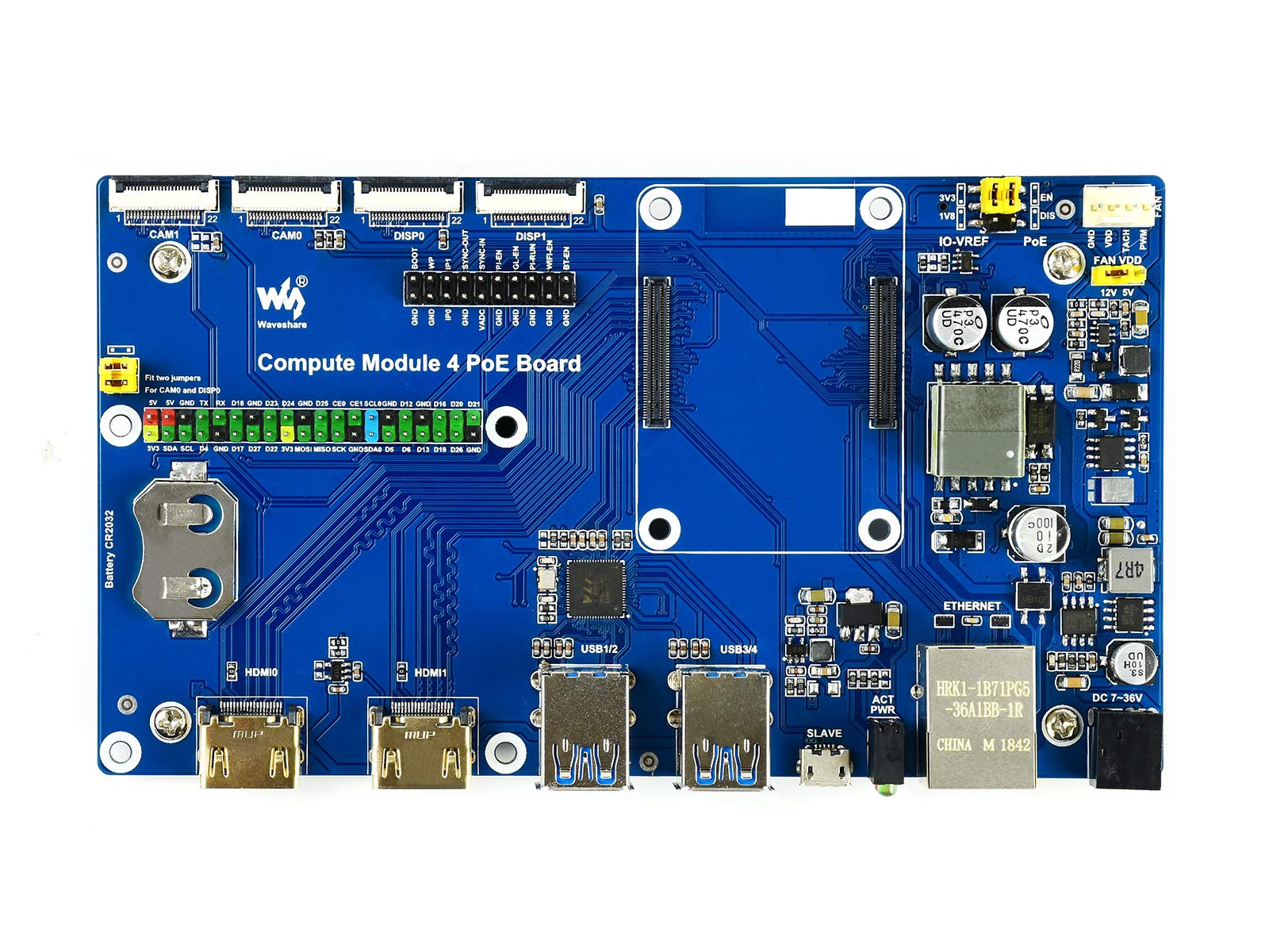 Waveshare Pi Compute Module 4 IO Board with PoE Feature for All Variants of CM4 with CSI/DSI/RTC/HDMI/USB/ETH/TF Card Connector
