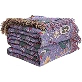 Boho Throw Blanket for Bed 100% Cotton Soft Lightweight Quilt Home Livingroom Decor Purple Bed Blanket,Floral Embroidery Reversible All Season Breathable Twin Throws for Sofa Couch Chair 60"×80"