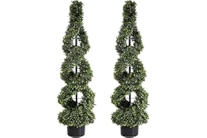 MOMOPLANT 46Inch Double Spiral Artificial Boxwood Topiary Tree 4" Plants Fake Faux Plant Decor in Plastic Pot Green Indoor or Outdoor, Set of 2