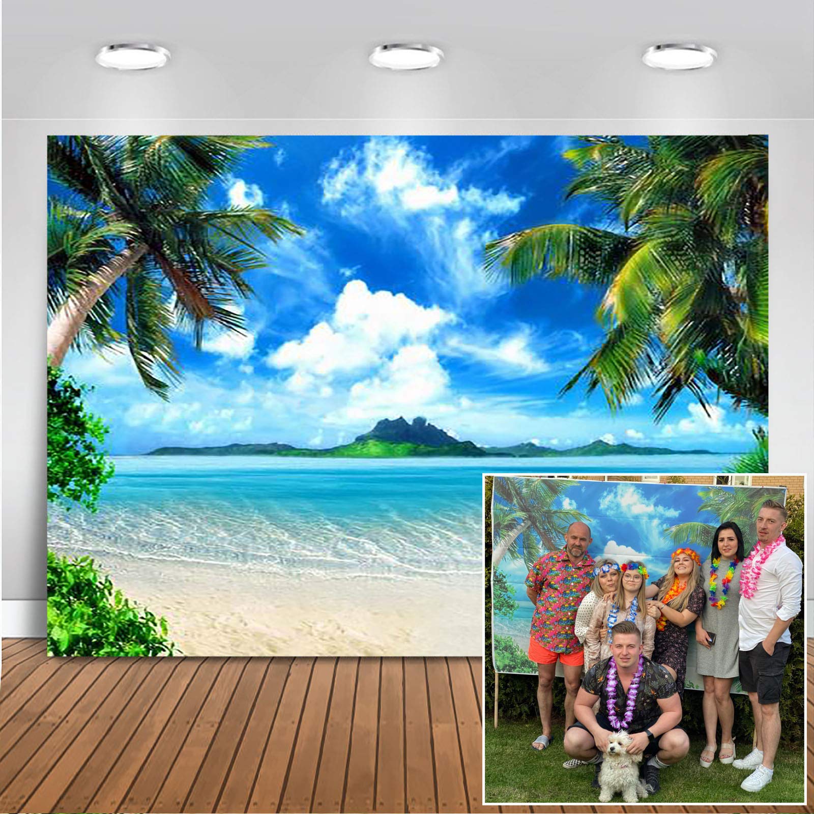 Avezano 2.1x1.5m Tropical Beach Background,Palm Leaves Ocean Island Seaside Scene Summer Wedding Photography Backdrop,Baby Birthday Bridal Shower Party Decoration Banner