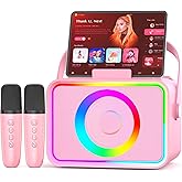 Karaoke Machine,Portable Bluetooth Speaker with 2 Wireless Microphone for Adults & Kids with LED Lights, Karaoke Microphone with PA System Supports USB/TF/AUX,Gift for Party (Pink)