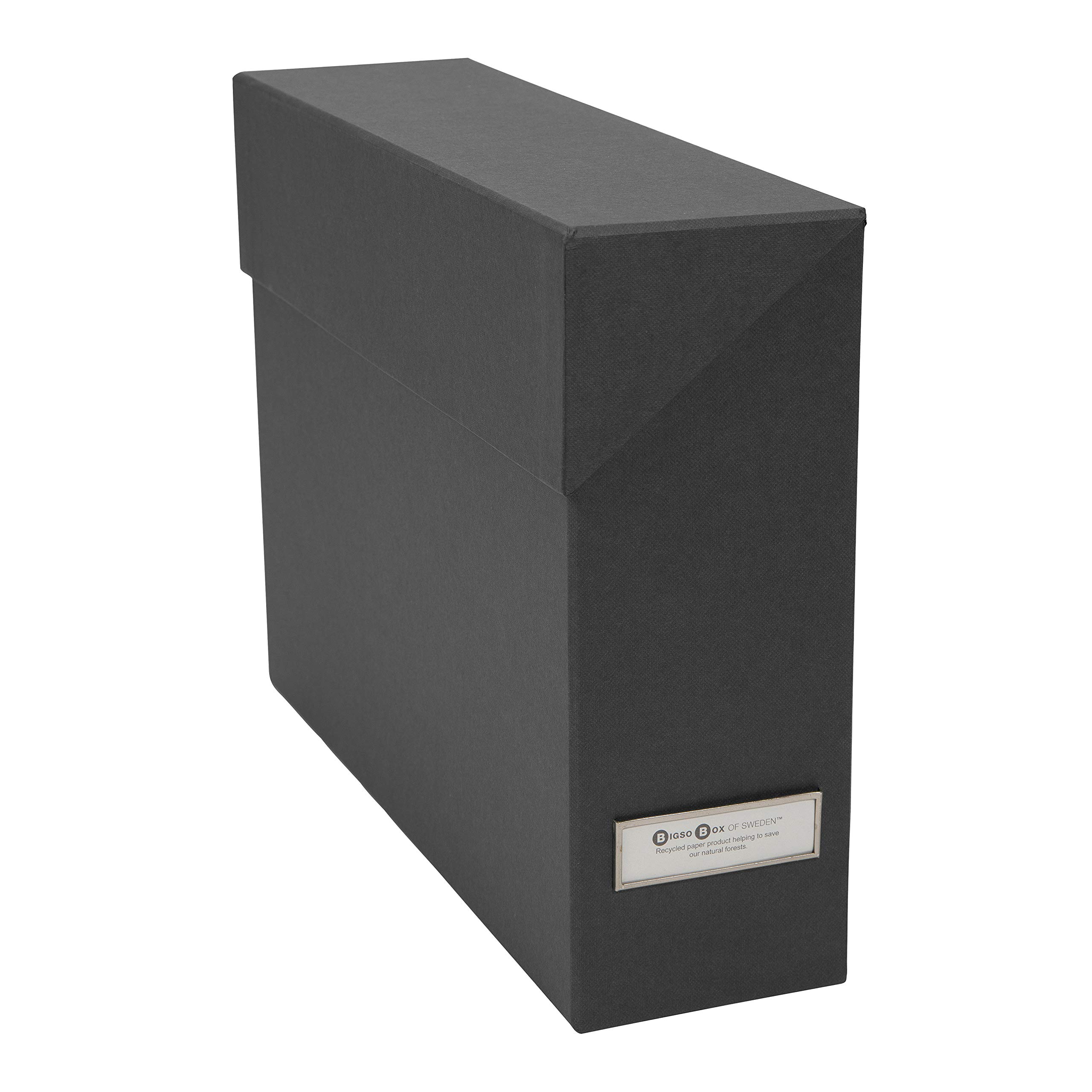 Bigso Box of Sweden Lovisa Fiberboard Label Frame 12 File Storage Box | Document Organizer for Important Paperwork, Hanging File Box w/Flip Top Lid & Metal Label Window | 3.7"x13"x9.4" | Dark Grey