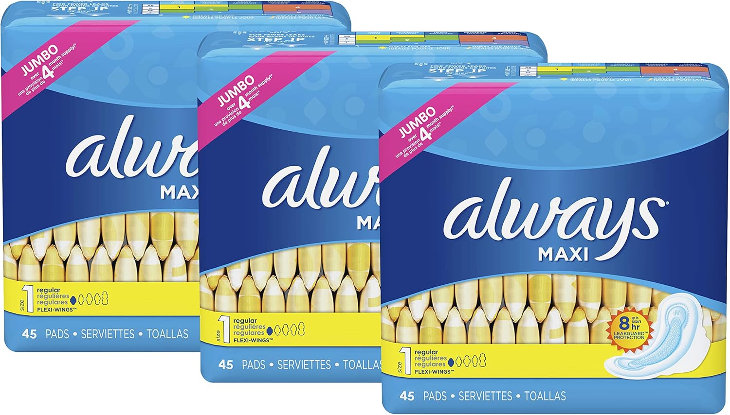 Always Maxi Feminine Pads with Wings for Women, Size 1, Regular Absorbency, Unscented, 45 Count - Pack of 3 (135 Count Total): Health & Personal Care