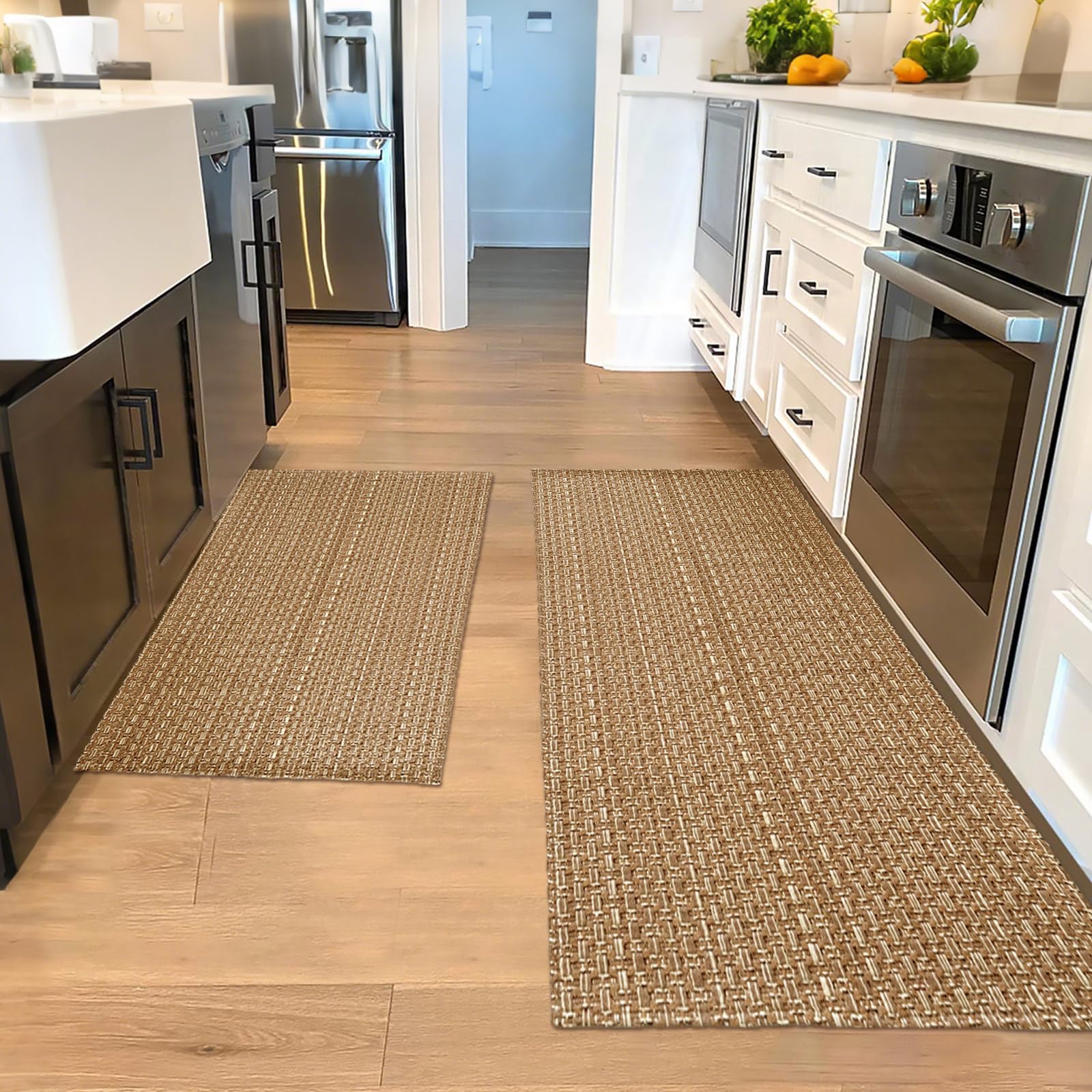winolive Kitchen Rugs,Kitchen Mats for Floor,Non Slip Washable 20"x 30"+20"x 48" Neutral Braided Rug,Faux Jute Rug with Non Slip Backing for Kitchen,Solid,Easy Clean,Area Rugs Sets of 2Pcs,Tan Brown