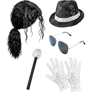 QACCF 70s 80s Pop Star Costume Wig with Sequin Fedora Hat, Sunglasses, Gloves, and Microphone