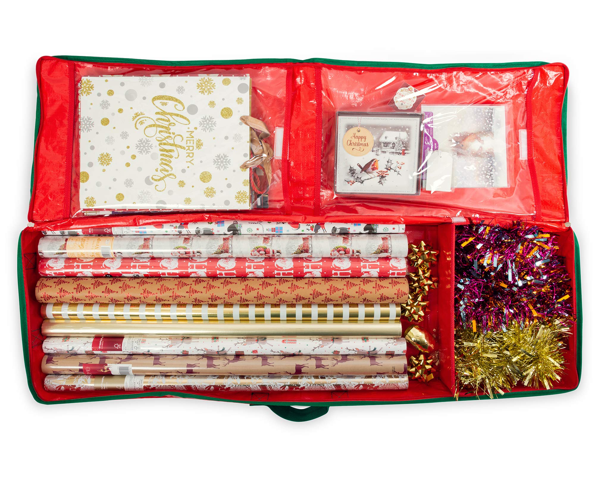 iN Christmas Wrapping Paper Storage Bag with Zipper and Carry Handles- Water and Dust Resistant Holder for Rolls of Paper, Decorations, Internal Pockets for Gift Tags & Bows