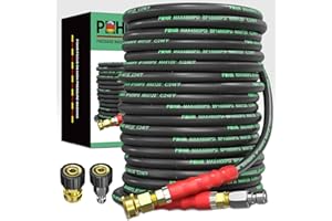 POHIR Pressure Washer Hose 100 ft 3/8 Inch for Cold and Hot Water 248°F End 3/8'' Quick Connect, 4800psi Kink Resistant Industrial Grade Steel Wire Braided, 2pcs M22-14mm Swivel to 3/8'' Adapter Kit