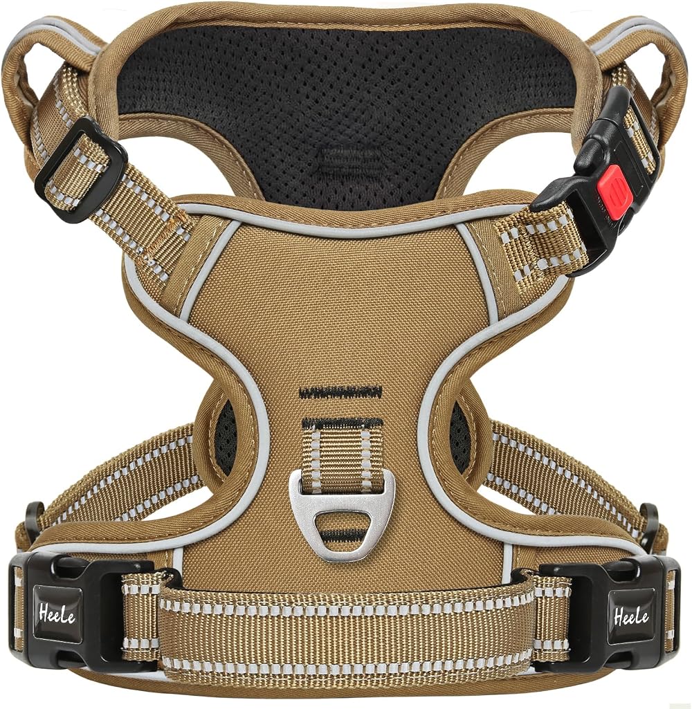 HEELE Dog Harness No Pull Medium Front Back Clips Reflective Handle Brown
