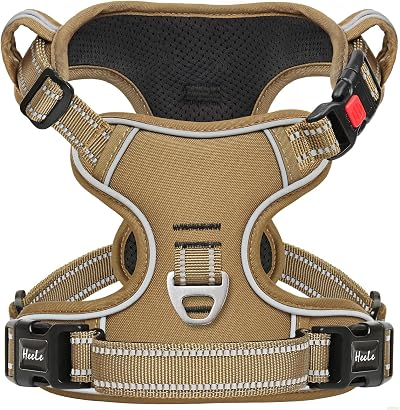 HEELE Dog Harness No Pull Medium Front Back Clips Reflective Handle Brown