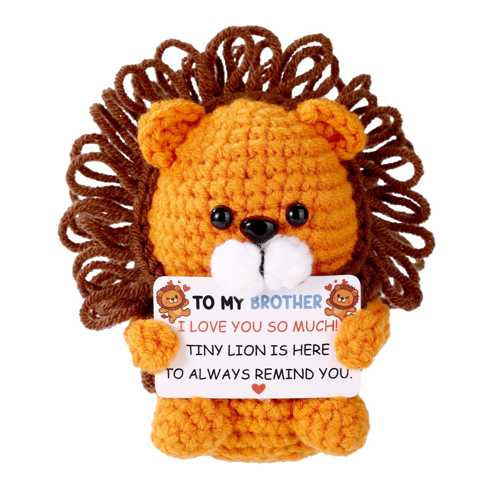Positive Crochet Lion for Brother, Emotional Knitted Lion with Inspirational Card Brotherhood Encouragement Gifts Handmade Toy for Support Friends Guys Birthday Christmas