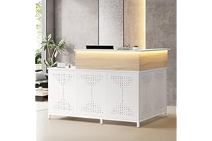 Condemo L-Shaped Reception Desk with LED Lights, 60 inch Modern Front Desk, Checkout Counter Table for Office, Lobby, Cafe, Beauty Salon, White and Light Brown