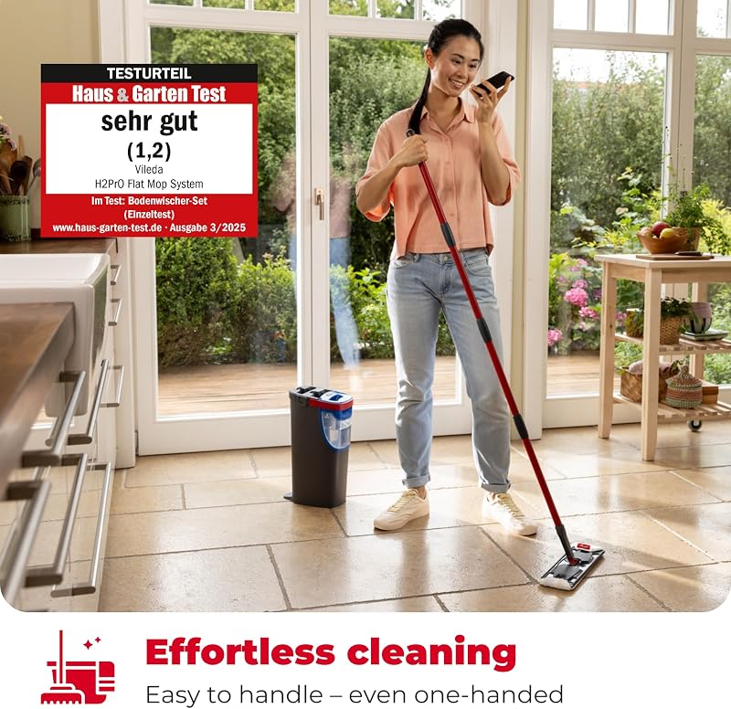 H2PrO Flat Mop sistema lavapavimenti a piastra piatta, con secchio lavapavimenti a doppia serbatoio, separa acqua pulita e sporca, 1,2 L per 60 m², compatto e salvaspazio, uso con una mano