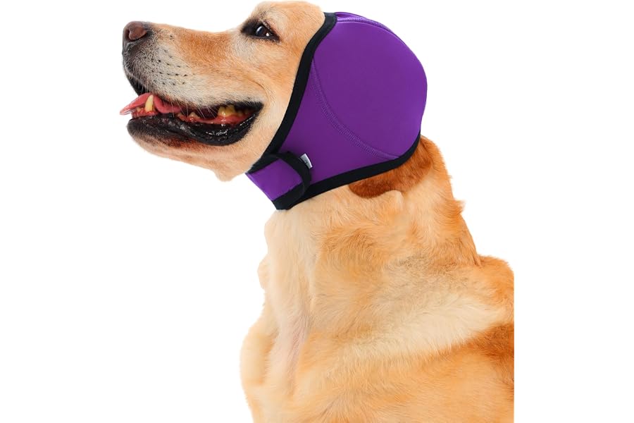 Meifsou Dog Head Wrap - Quiet Ears for Anxiety, Waterproof Dog Calming Hood, No Shake Ear Cover Snoods for Thunder, Lightning, Fireworks, Vet Visits, Polyester and SBR Diving Fabric, Purple, Large