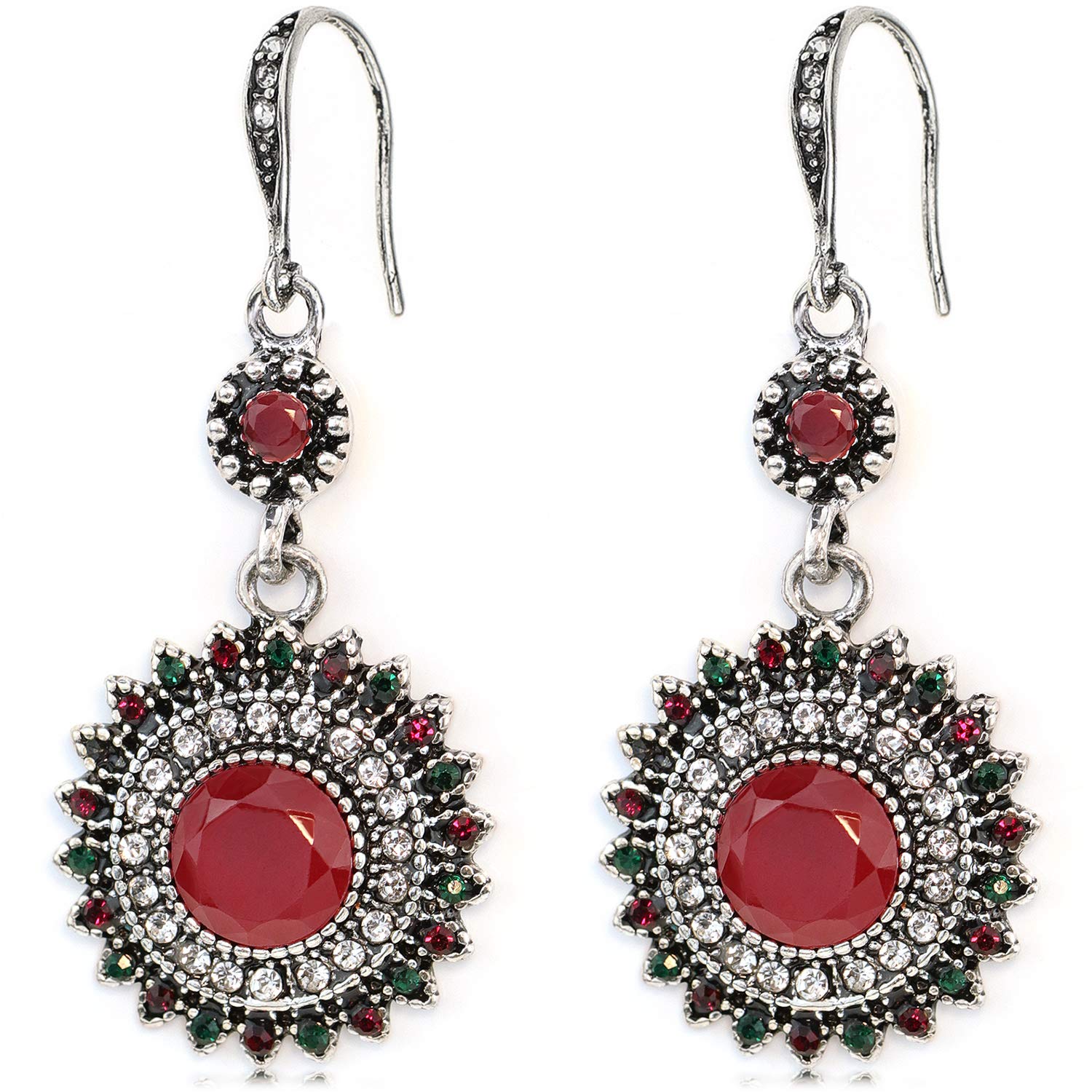 Suyi Sunflower Dangle Earrings National Drop Earrings Bohemian Vintage Gemstone Earrings Red