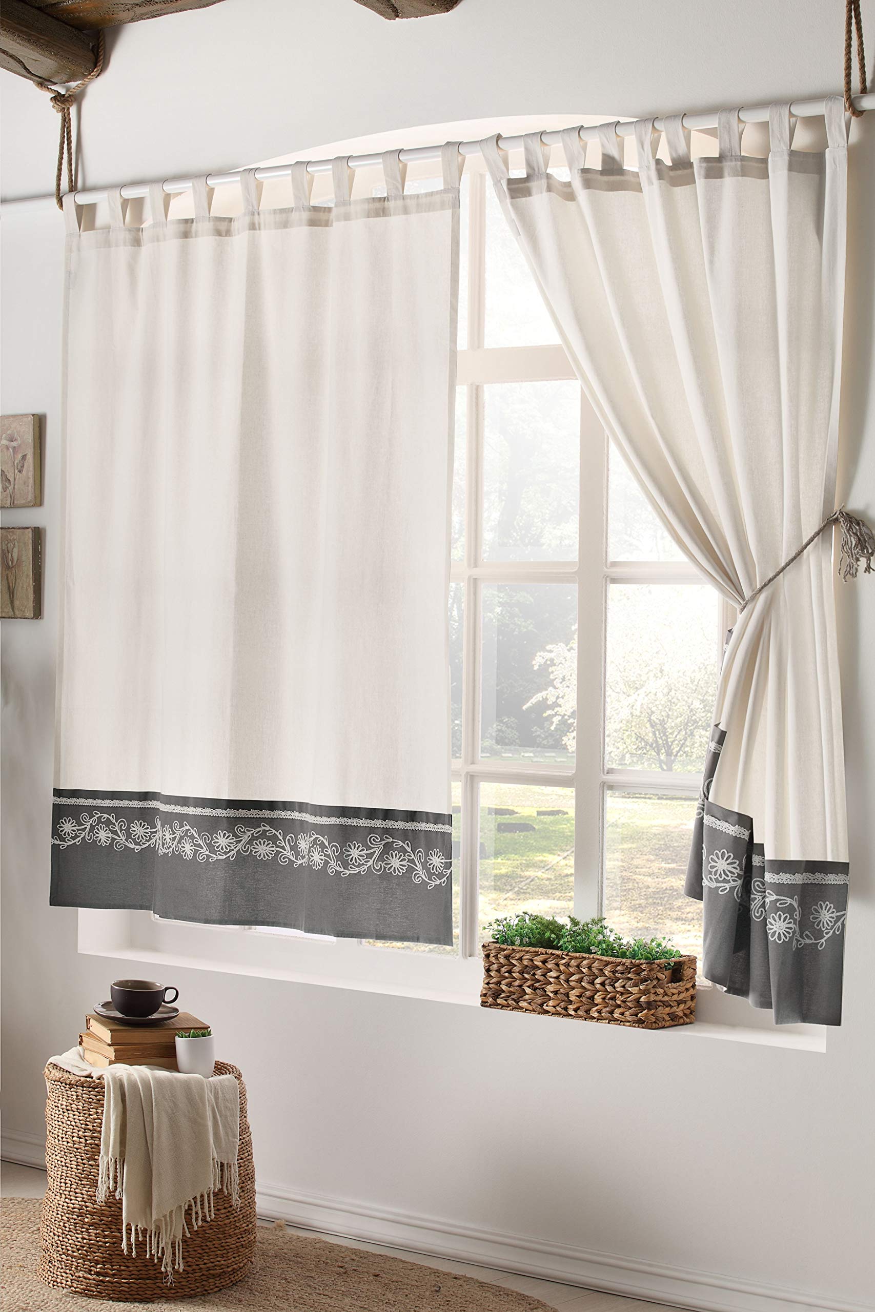 Stanley Hamilton Curtains, Tab Top Heading, Room Darkening, Hand Embroidered Panel Curtains, Cottage Collection available in 4 drops (Natural Beige/Grey, 167 W x 228 D cm Panel Size)