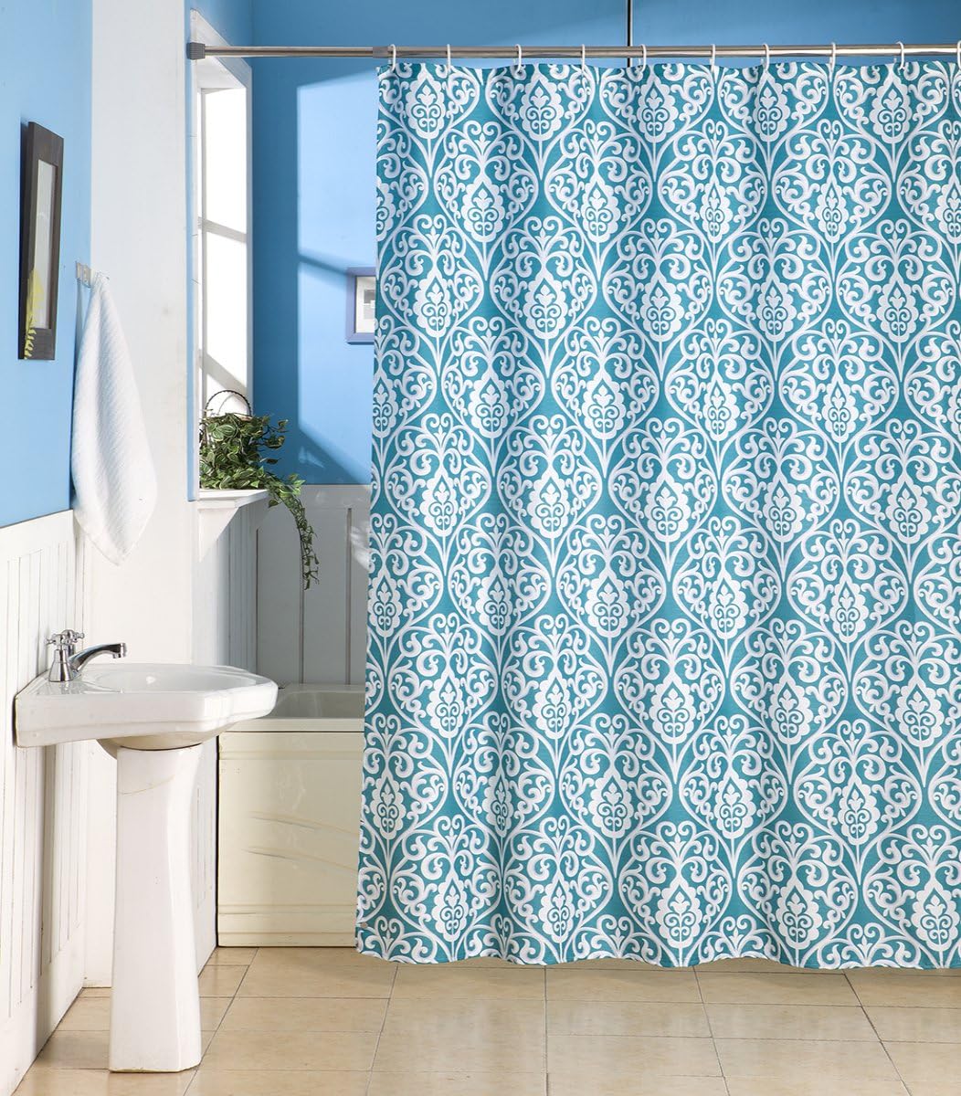 Skipper Damask Print Modern PVC Shower Curtain - 6.5ft, Blue