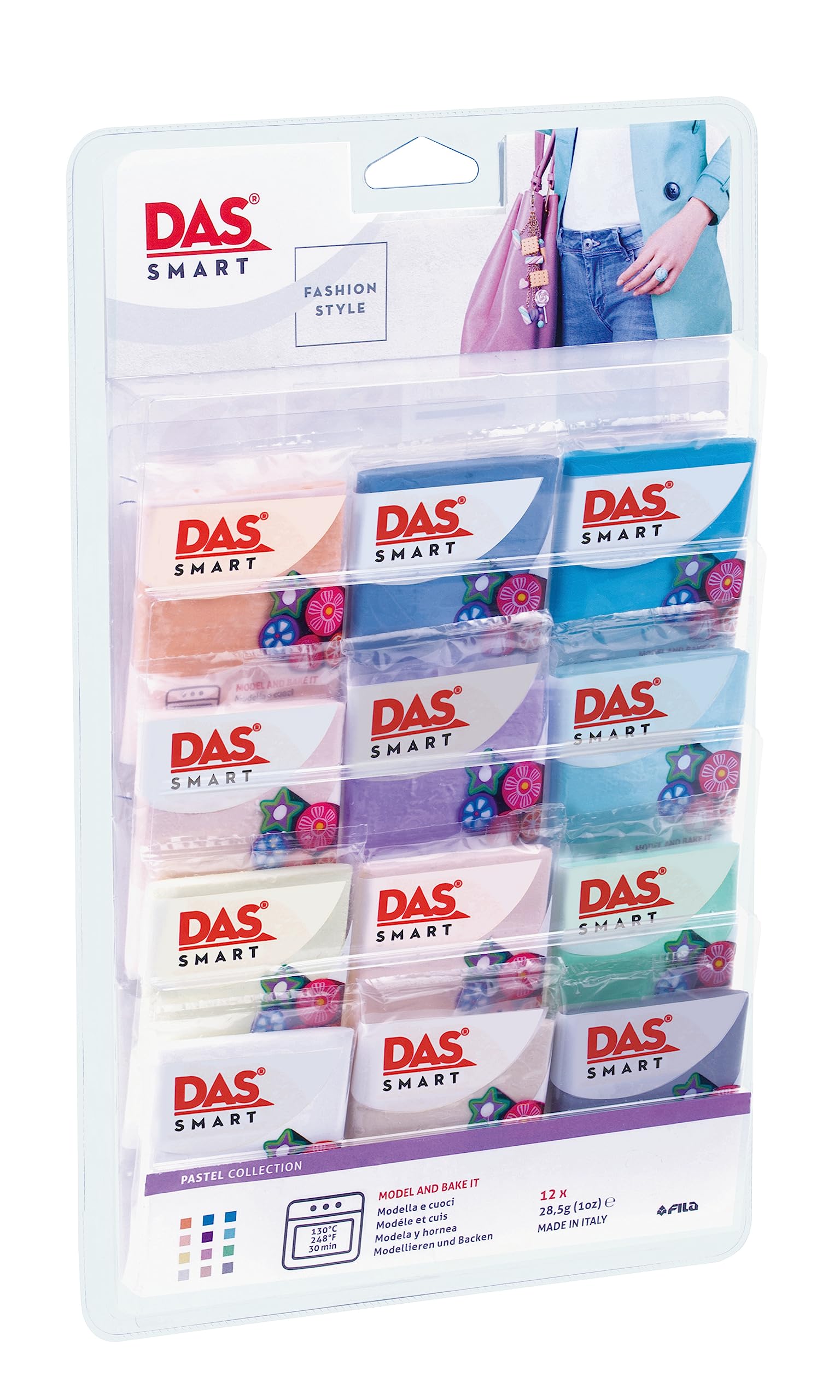 DAS Smart Oven Bake Modelling 28g Clay, Fashion Style Pastel Collection, 12 Pieces, For Professionals and Hobbyists