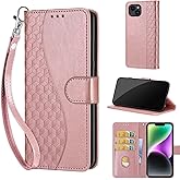 KENHONER Designed for iPhone 15 Case Wallet,Women Flip Folio Cover with Embossed PU Leather Stand Credit Card Holders Slots Wrist Strap Phone Case for iPhone 15 6.1 Inch (Rose Gold)