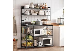 NAIYUFA Kitchen Bakers Rack with baskets,5-Tier Kitchen Utility Storage Shelf with Hooks, Microwave Oven Stand Rack, Free Standing Kitchen Shelf Vintage Grey