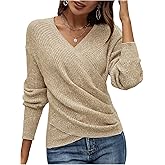 SOLY HUX Women's V Neck Long Sleeve Off Shoulder Sweaters Criss Cross Wrap Ruched Pullover Fall Tops