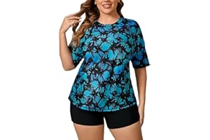 JOYBIK Women's Plus Size Short Sleeve Rash Guard with Built in Bra UPF50+ Swim Shirt and Shorts Two Piece Swimsuit