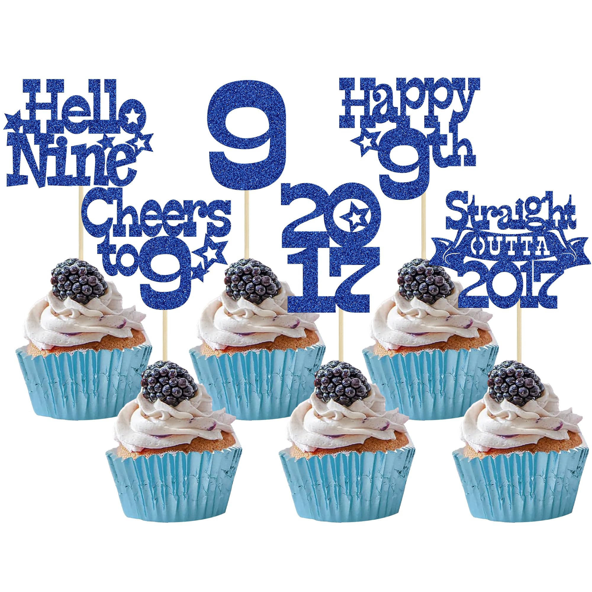 Ephlyn 30Pcs Happy 9th Birthday Cupcake Toppers Glitter Hello Nine Straight Outta 2017 Cupcake Picks Cheers to 9 Years Cake Decorations for 9th Birthday Party Supplies Blue