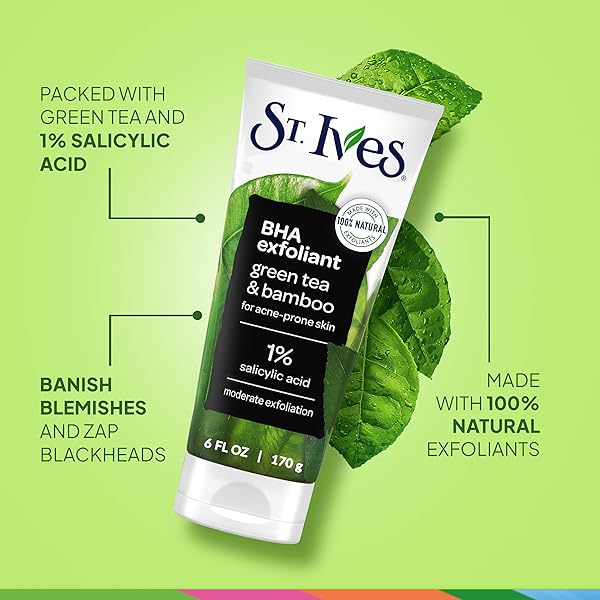 ST. IVES BLACKHEAD CLEARING FACE SCRUB, CLEARS BLACKHEADS & UNCLOGS PORES, GREEN TEA & BAMBOO, SALICYLIC ACID ACNE TREATMENT FACIAL SCRUB, MODERATE EXFOLIATOR SKIN CARE WITH NATURAL EXFOLIANTS 6 OZ