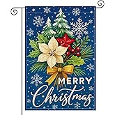 HOMETITUTE Merry Christmas Garden Flag 12x18 Inch Welcome Garden Flags Burlap Double-Sided Poinsettia Pine Tree Red Star Snowflakes Seasonal Outdoor Holiday Banner Winter Flag for Yard Lawn Decoration