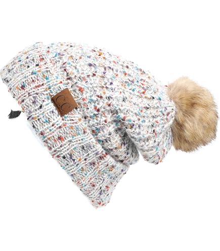 C.C Beanie Women's Thick Cable Knit Faux Fuzzy Fur Pom Lattice
