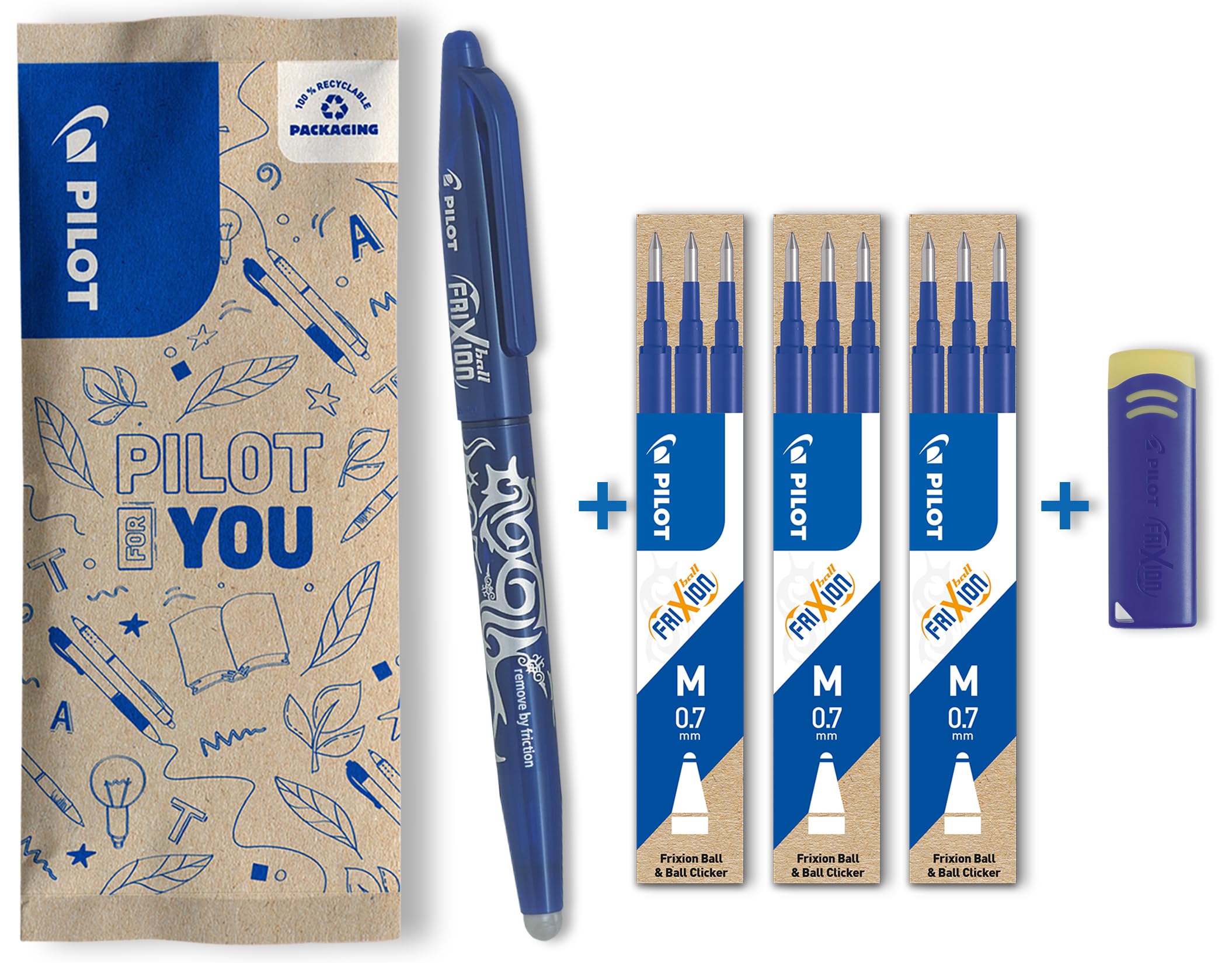 PILOT - Pack of 1 FriXion Ball 0,7 - Erasable pen - Medium - Blue + 3 * Set of 3 Refill Blue + Remover