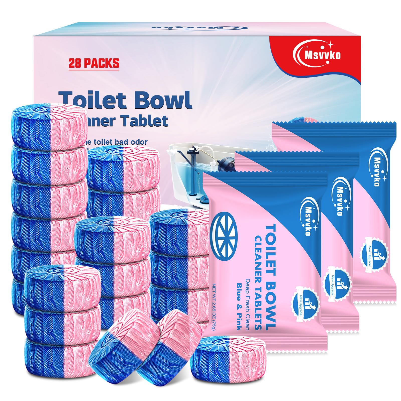 Photo 1 of Msvvko Toilet Bowl Cleaners, Long-Lasting Toilet Tank Cleaner Tablets for Deodorizing & Descaling, Upgraded Blue&Pink Automatic Toilet Cleaning Tablets Against Tough Stains, 76 oz/28 Packs