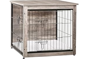 DWANTON Dog Crate Furniture with Cushion, Wooden Kennel Table with Double Doors, Indoor Dog House, Small/Medium/Large/Extra Large Size, 27.2" L, Greige