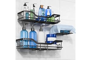 OMAIRA 3-Pack Shower Caddy with Soap Holder, Adhesive Rustproof No-drill Strudy Loading Inside Shower Organizer Shelves Rack Storage Bathroom Organization for Smooth Wall Glass Tile, Black (Large)