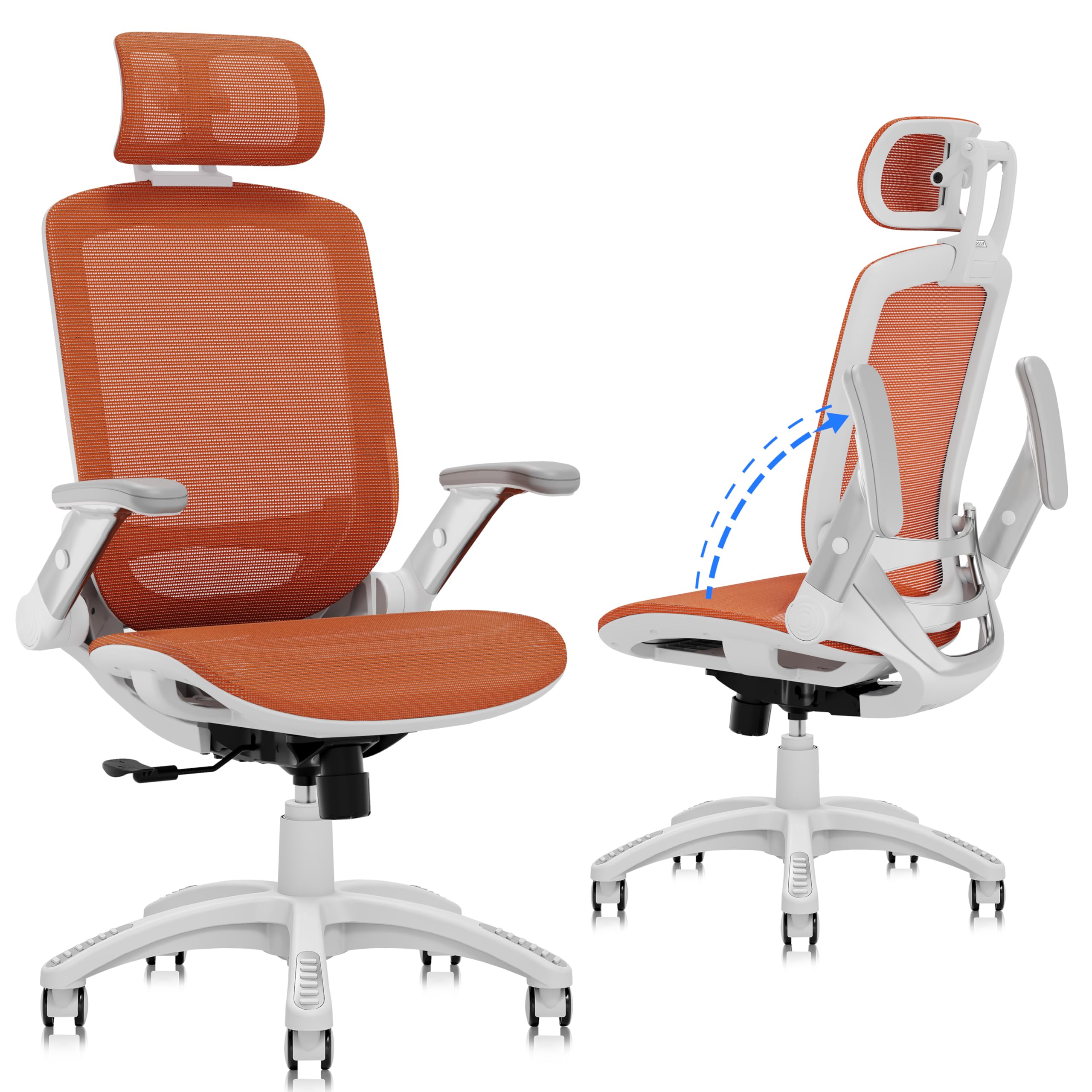 GABRYLLY Ergonomic Office Chair, High Back Home Desk Chair with Headrest, Flip-Up Arms, 90-120° Tilt Lock and Wide Cushion, 400LBS Mesh Chairs for Man Woman, White Task Chair(Orange,GY01WOR)