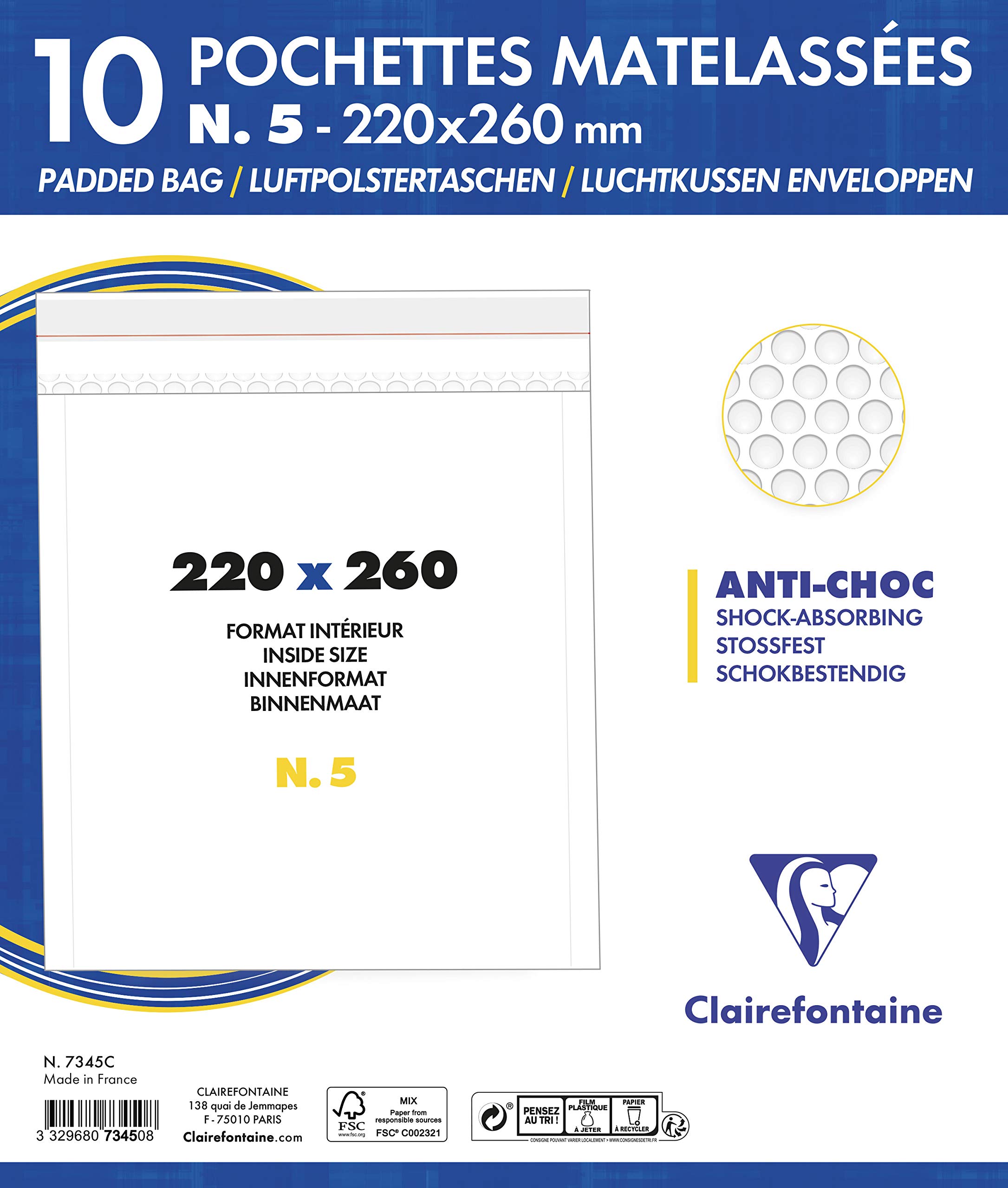 Clairefontaine 7345C - Pack of 10 Padded Envelopes - Lined with Bubble Wrap - Size: 220x260 mm - 90g/m² - White Colour - Mailing - Manufactured in France