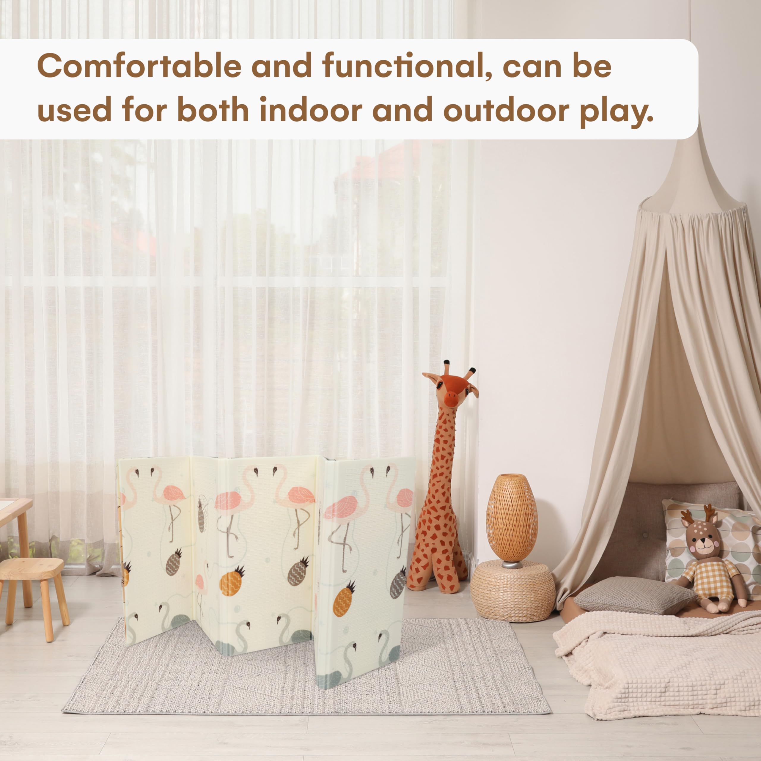 CHILDLIKE BEHAVIOR Baby Play Mat - 78x52-Inch Reversible Tummy Time Mat for Infants and Toddlers - Foldable Foam Baby Floor Play Mat - Portable and Easy to Clean Padded Crawling Mat - Flamingo