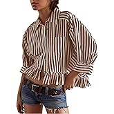 Sdipipo Womens Casual Oversized Striped Button Down Shirt 3/4 Sleeve Cropped Peplum Ruffled Hem Babydoll Blouse Tops