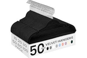 SONGMICS Velvet Hangers 50 Pack, Non-Slip Clothes Hangers, with Shoulder Notches, Pants Bar, 360° Swivel Hook, Space-Saving, for Closet, Ink Black UCRF029B05