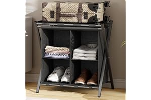 Huhote Luggage Rack for Guest Room, Folding Suitcase Stand with Fabric Storage Shelf, Luggage Holder, Steel Foldable Luggage 