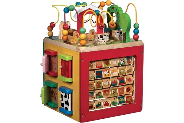 Battat Farm, 5-Sided Play Center with Bead Maze, Wood Toys | Farm-themed with bead maze, peekaboo doors, spinners, zig-zag ra