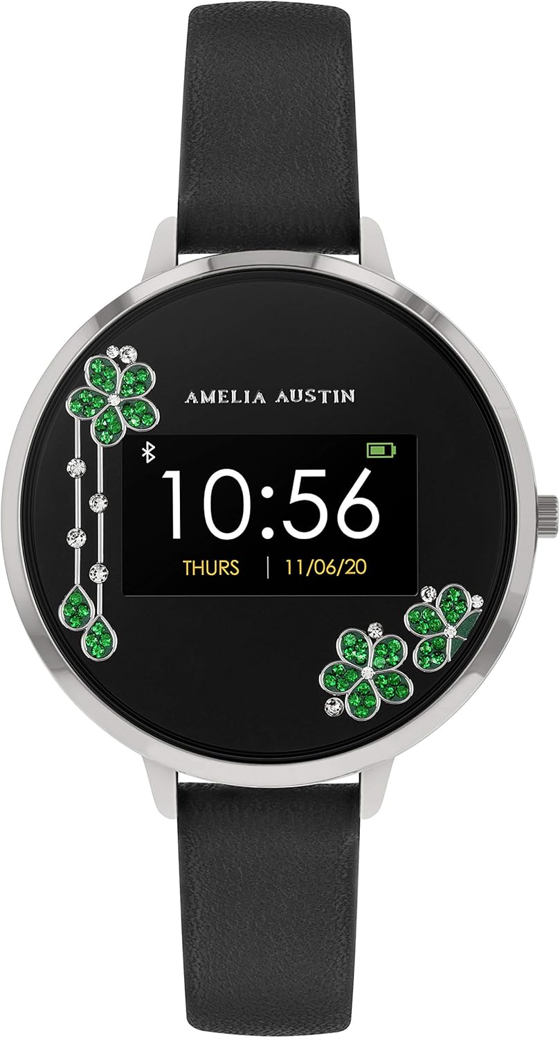 Amelia Austin Silver Smart Watch for Women, Green Crystal Flower Design